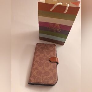Coach Tan Brown Signature Monogram Phone Case with Magnetic Closure & Card Slots
